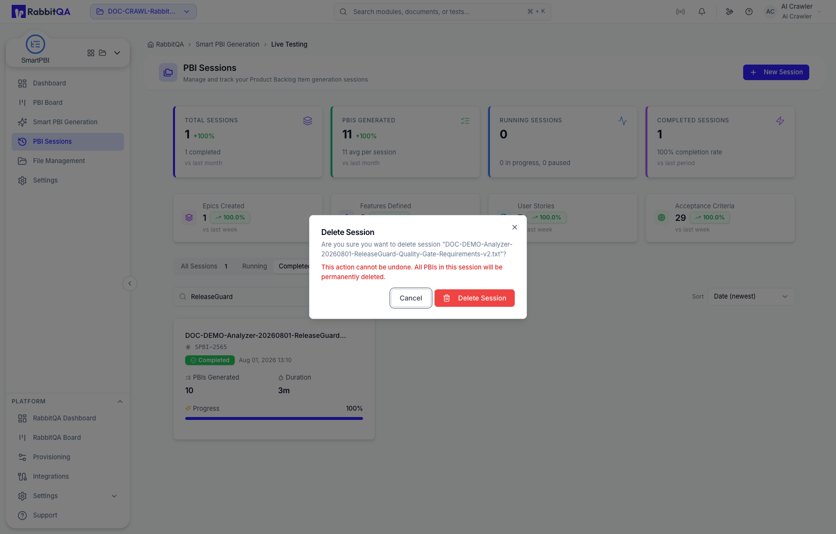 Delete PBI Session confirmation