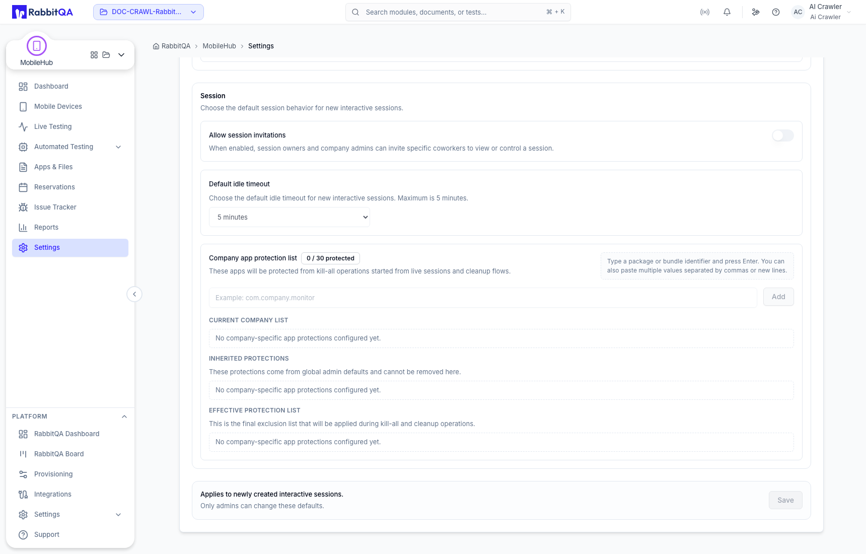 Defaults permission and application scope