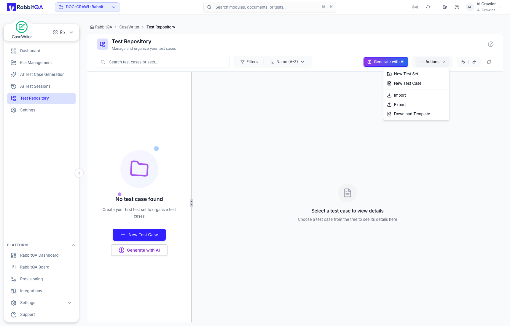 Repository creation, import, export, and template actions