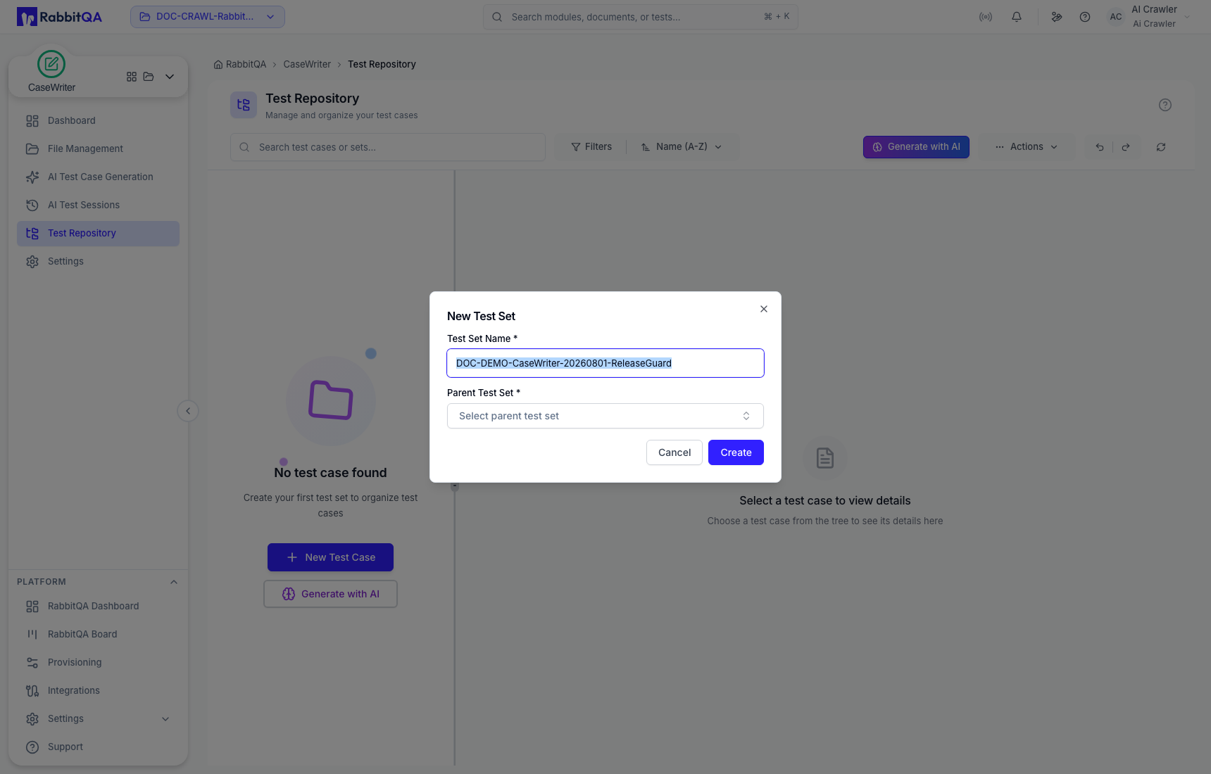 New test-set draft requiring a parent