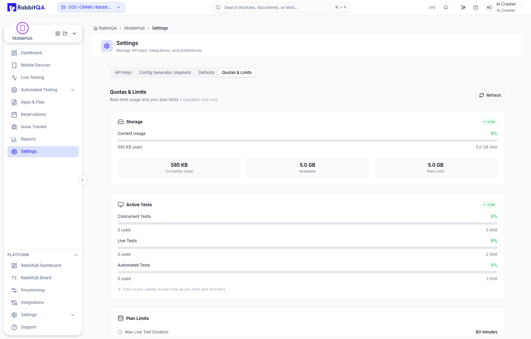 Storage and active test quotas