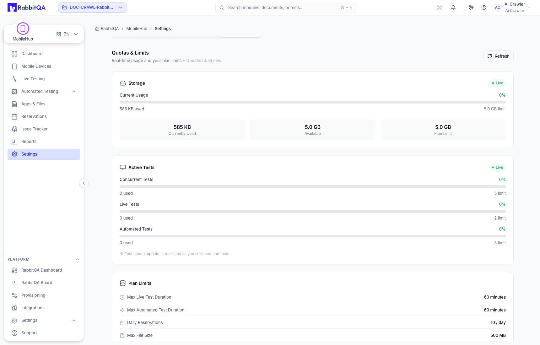 Concurrent tests and plan limits