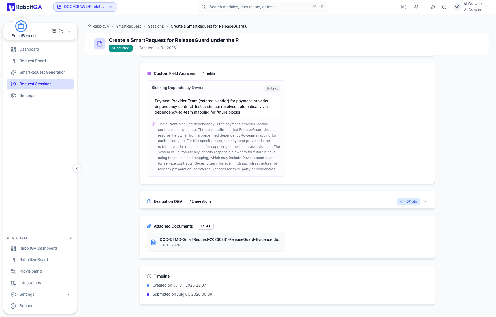 Stored session evidence and timeline