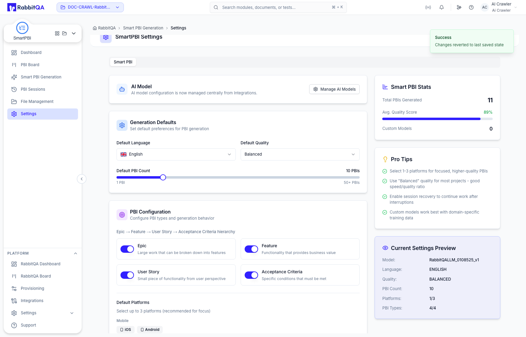 Smart PBI settings restored