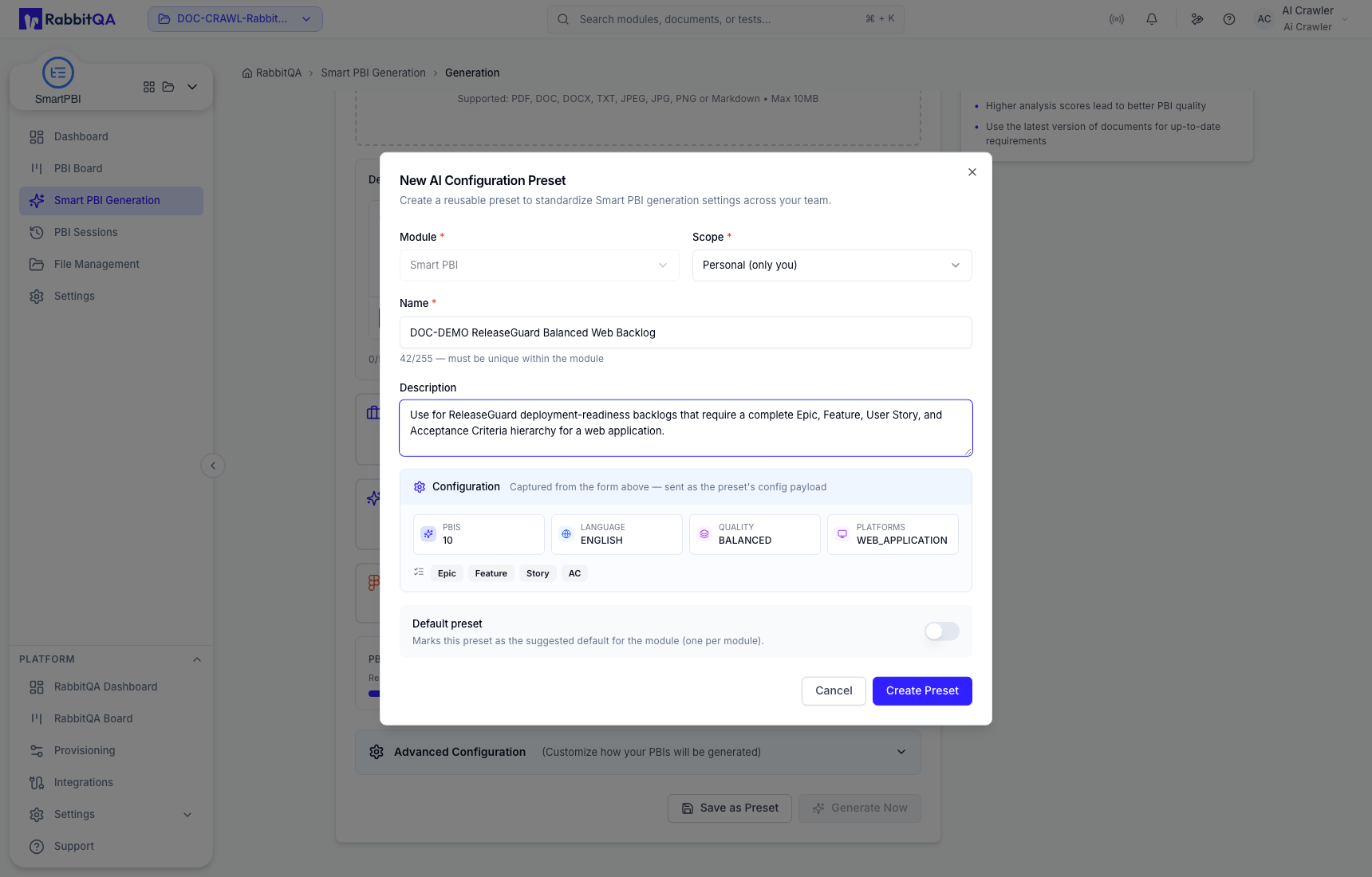 Smart PBI preset default and create controls