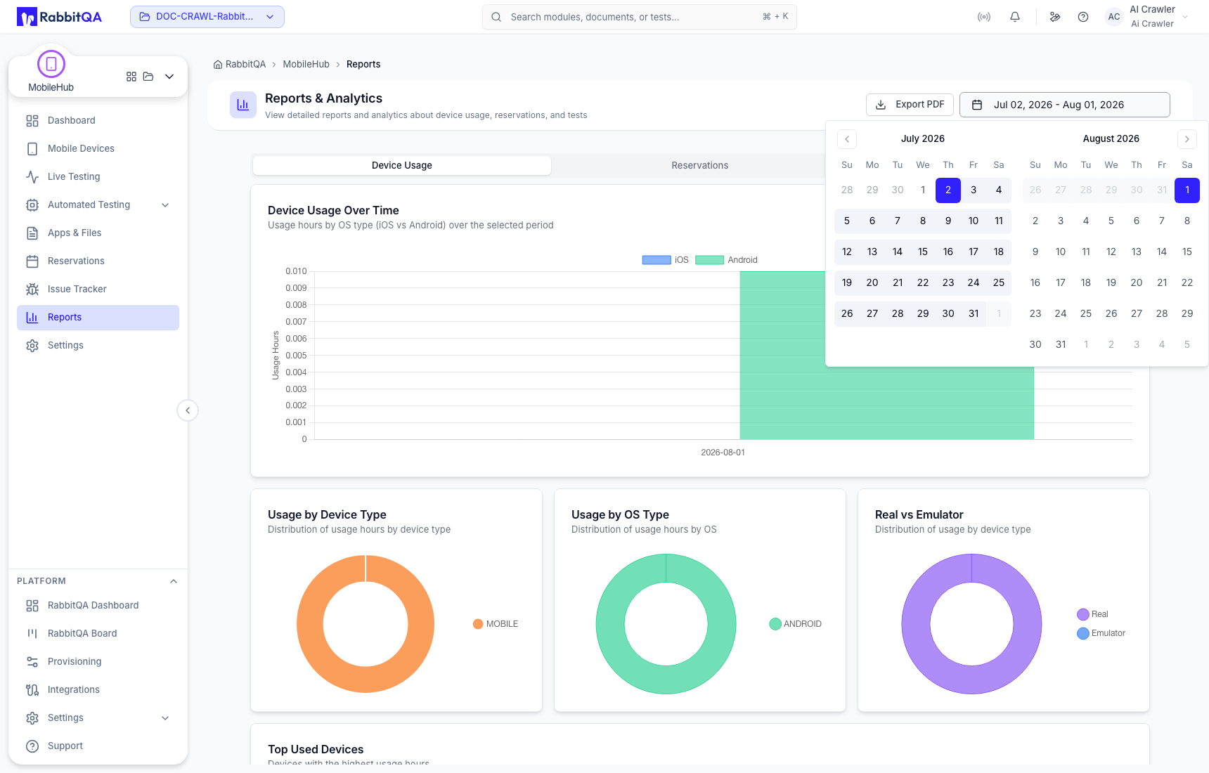 MobileHub report date range