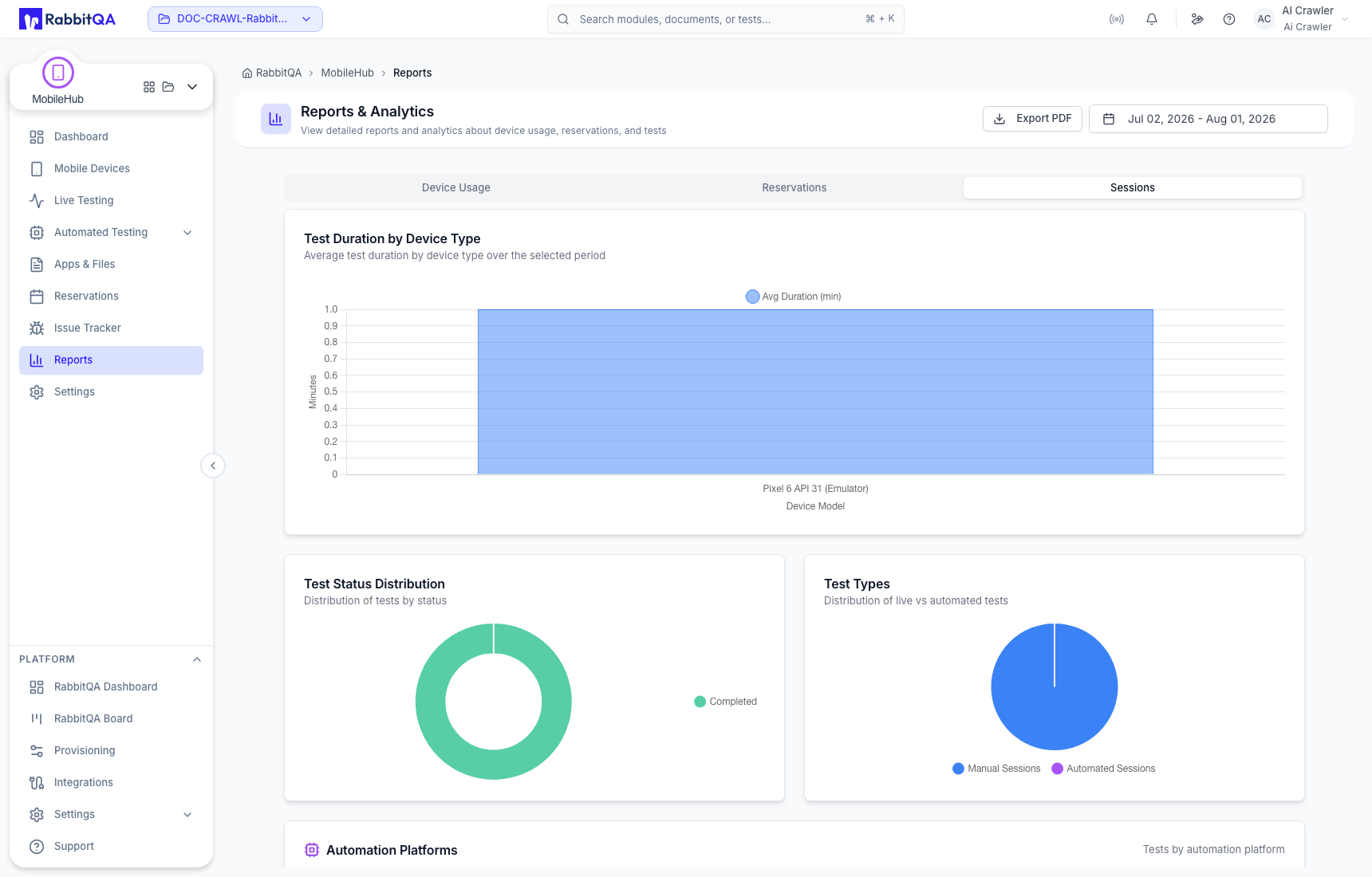 Live and automated session report charts