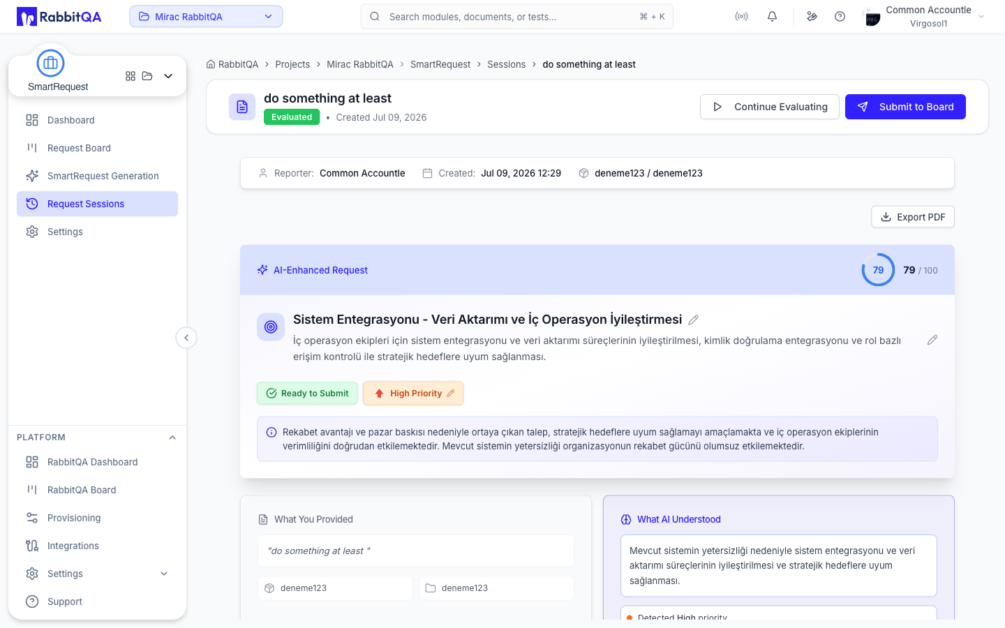 The generated request, its score, and the before-and-after comparison