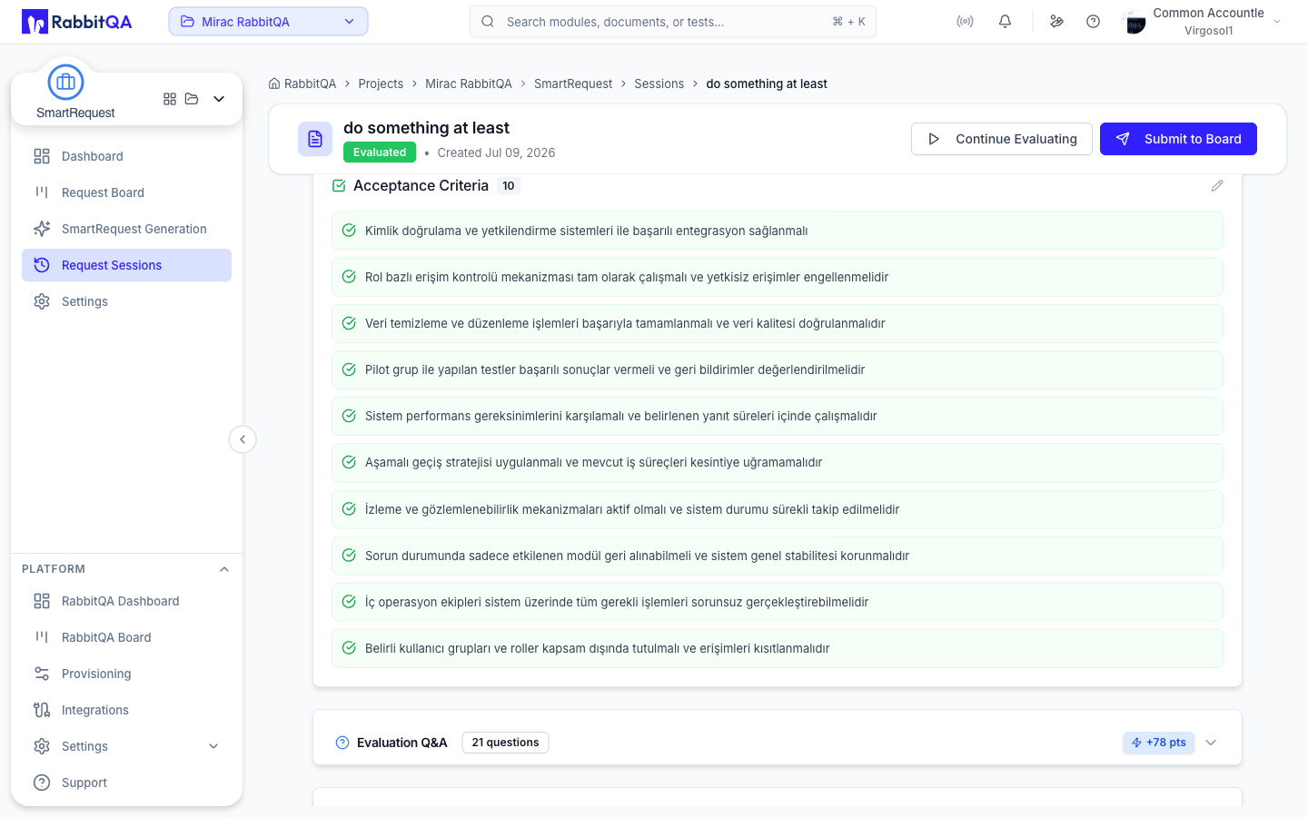 Acceptance criteria and the evaluation Q&A, above the submit controls