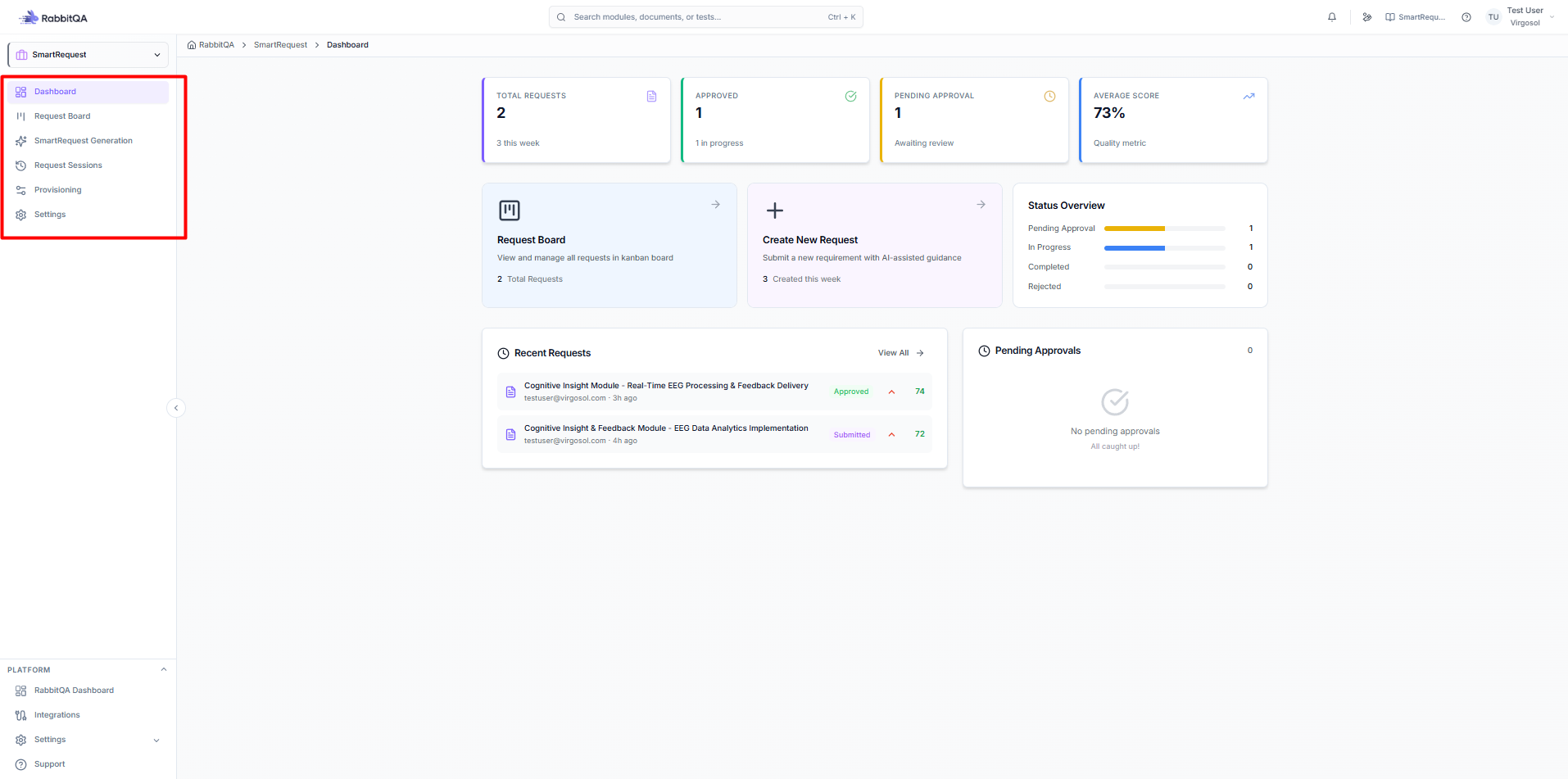SmartRequest module navigation dashboard