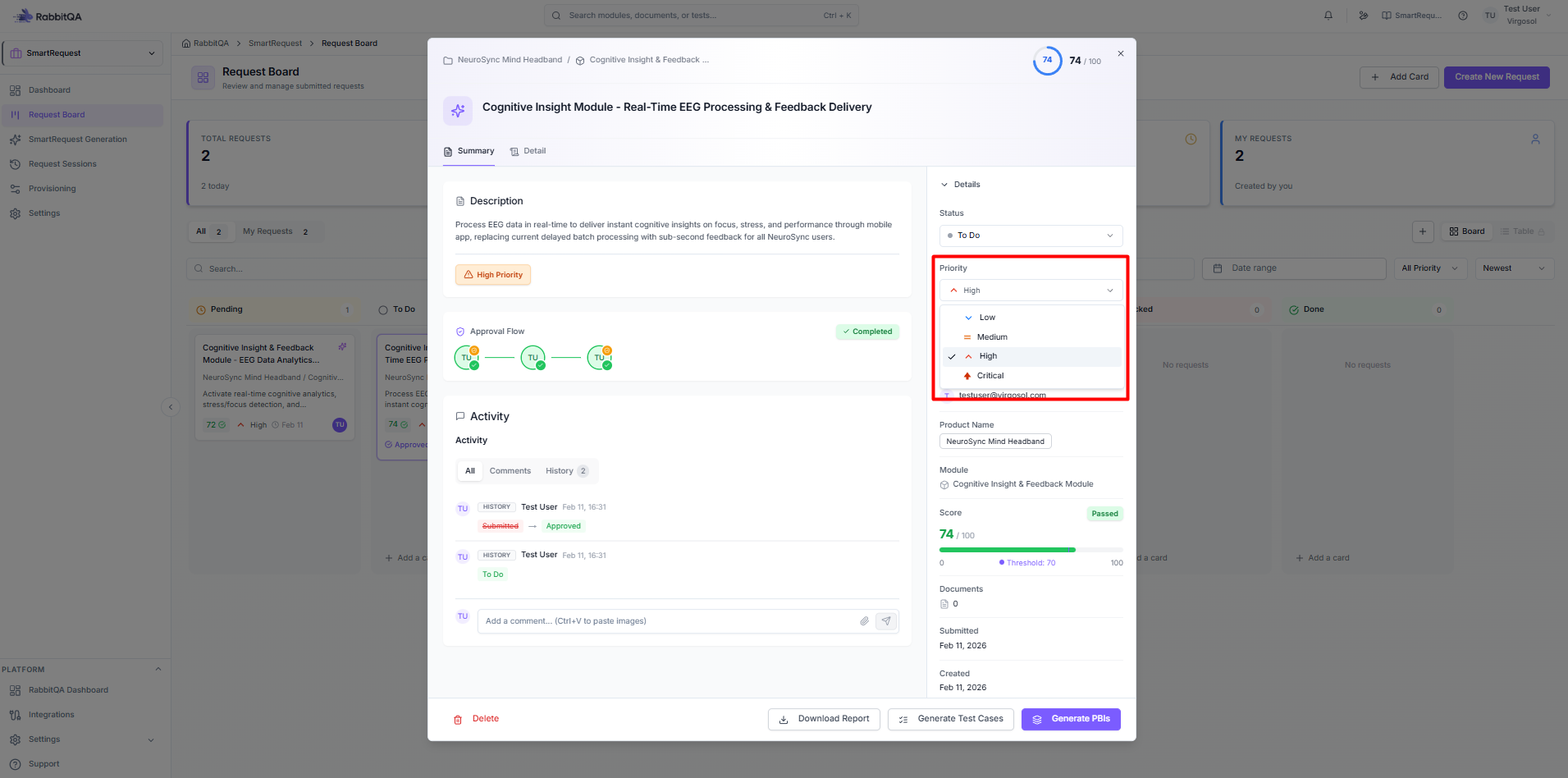 Changing a request's priority from its detail panel