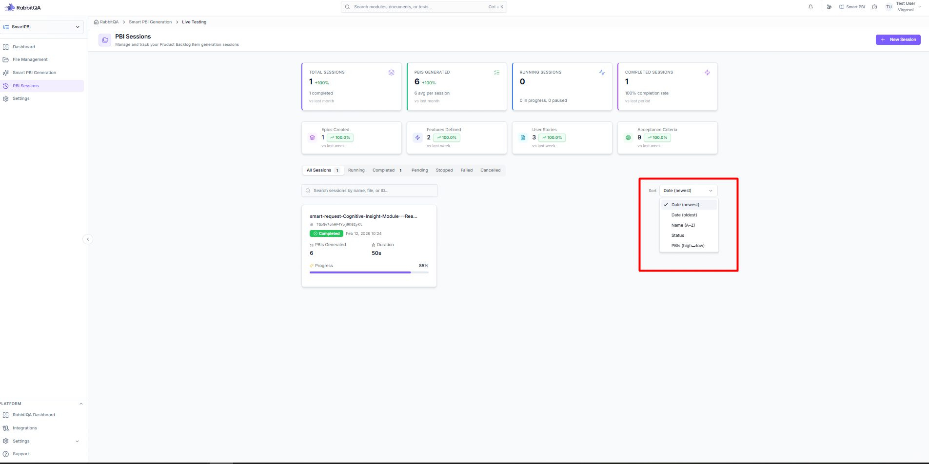 PBI Sessions filtering options