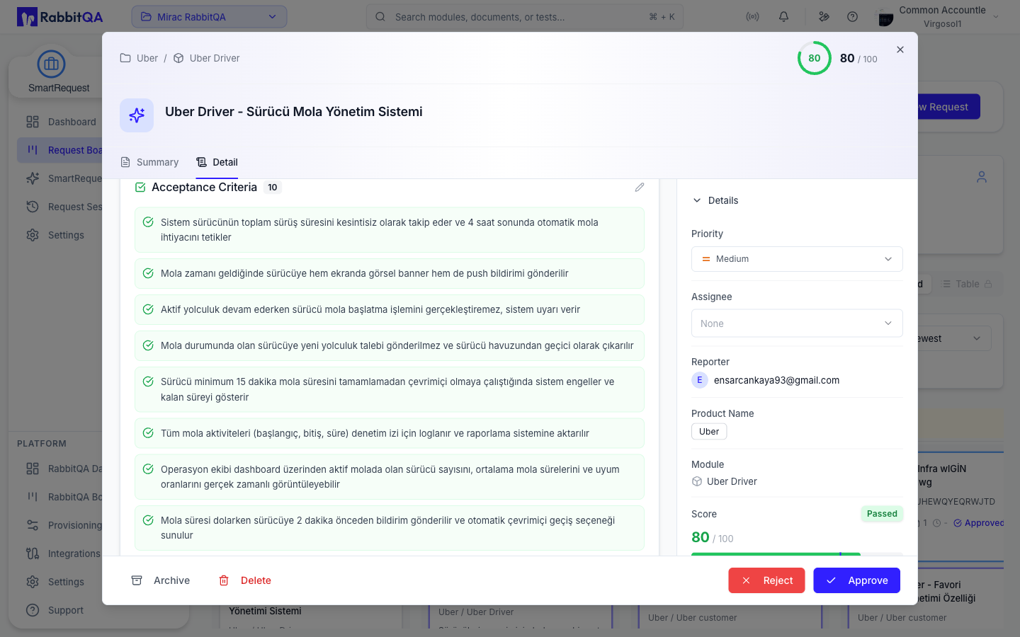 Acceptance criteria and the scored evaluation Q&A on the Detail tab