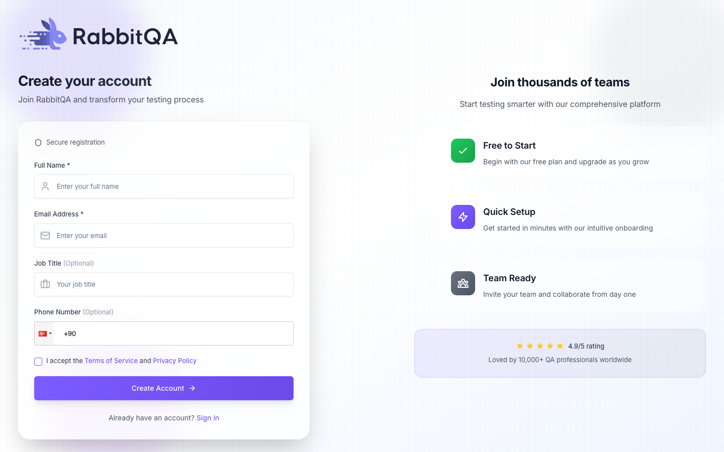 RabbitQA Sign Up