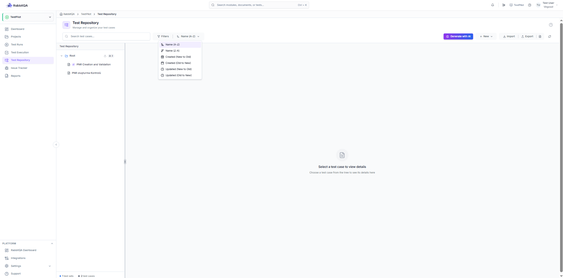Test Repository list view