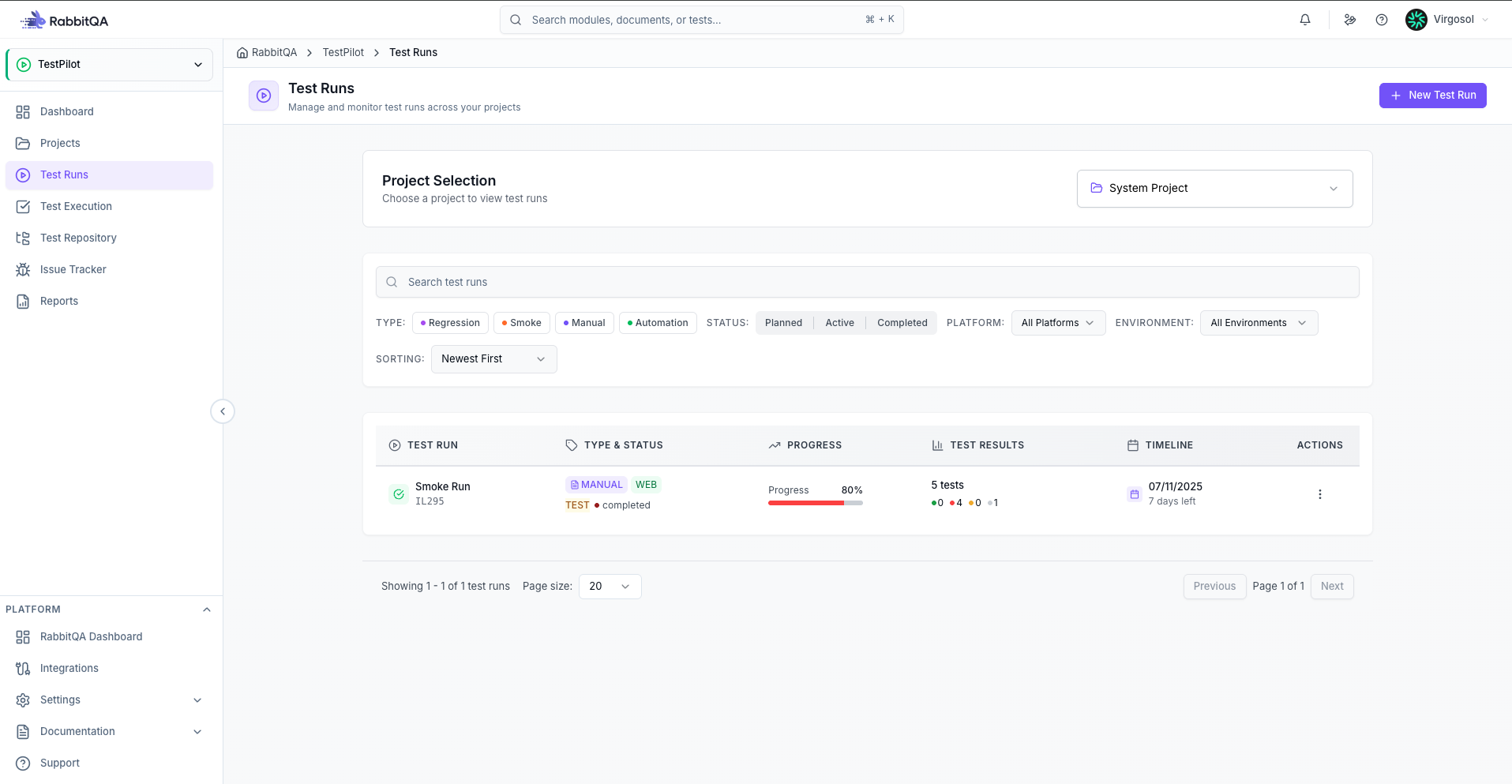 Test Run Dashboard