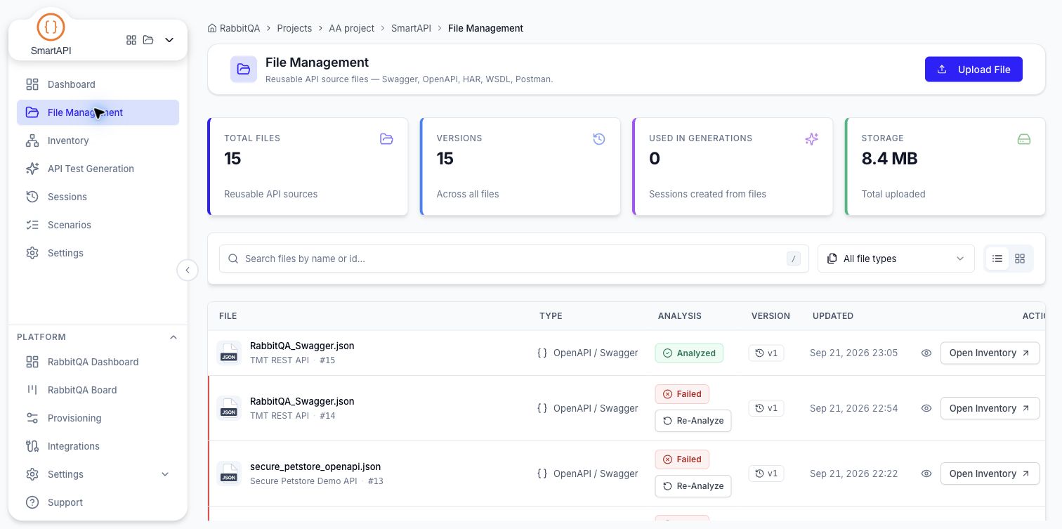 File Management with analysis status, file versions, and inventory links