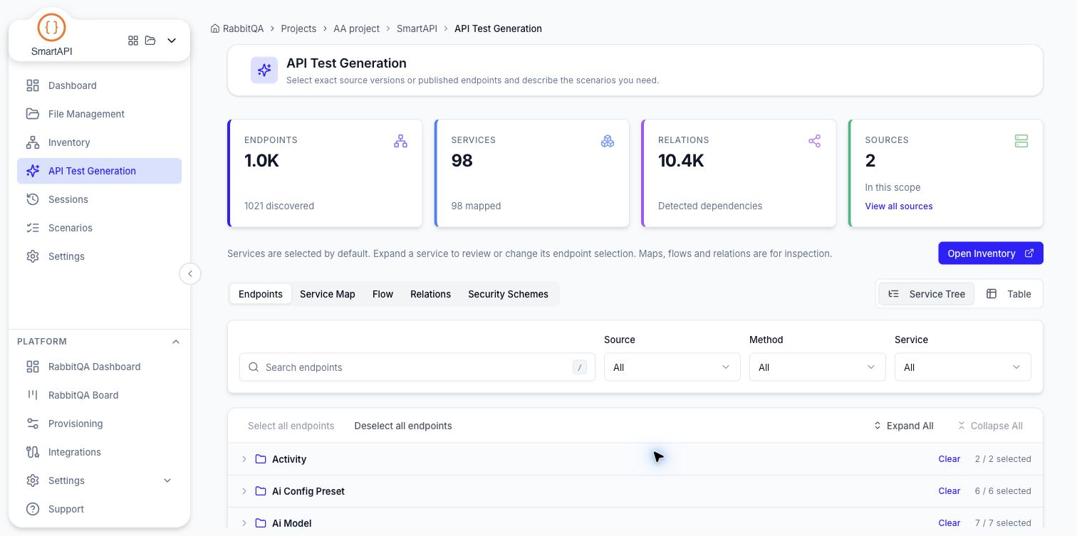 Discovery with endpoint, service, relationship, and source totals