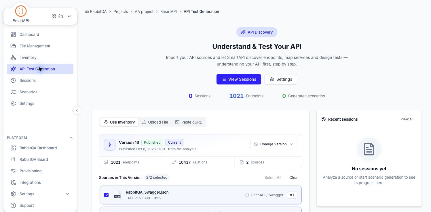 API Test Generation with published inventory and source selection