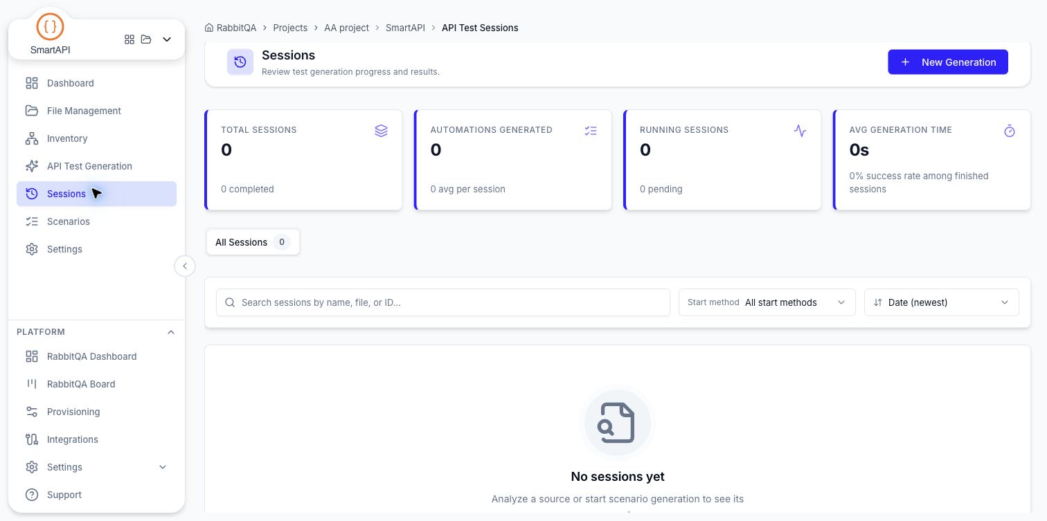 Current Sessions library, workspace summary, and filters