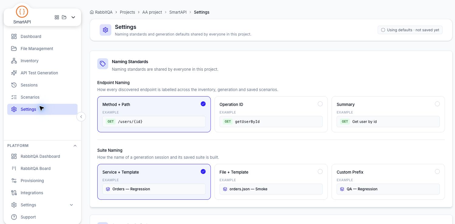 Current SmartAPI naming standards and generation defaults