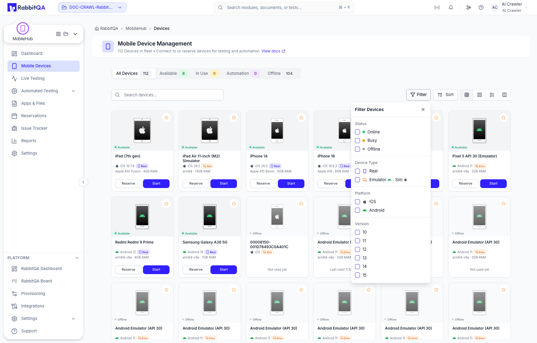 Device fleet filter options