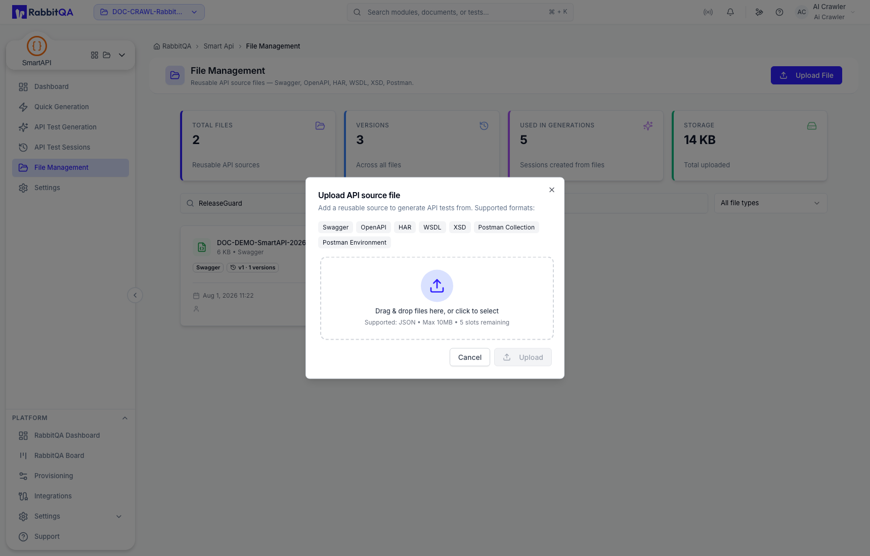 Upload API source dialog