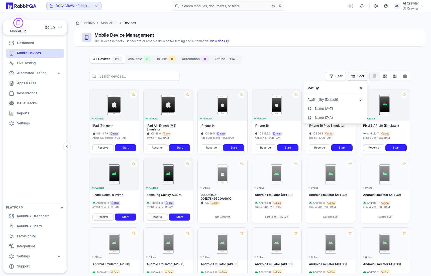 Device fleet sort options