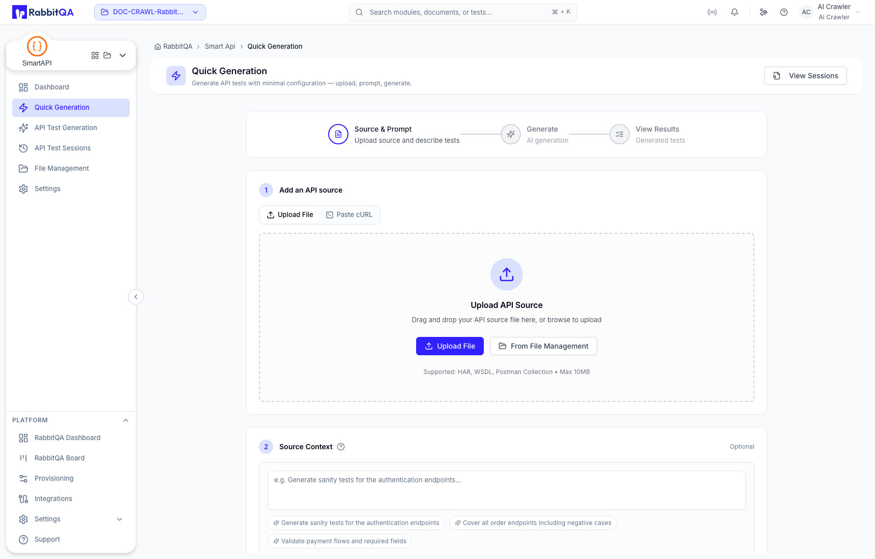 Quick Generation source, context, and template workspace