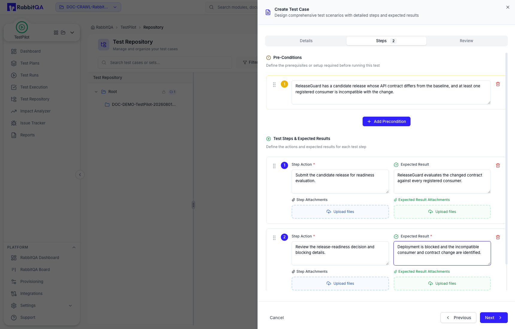 Precondition, actions, and expected results