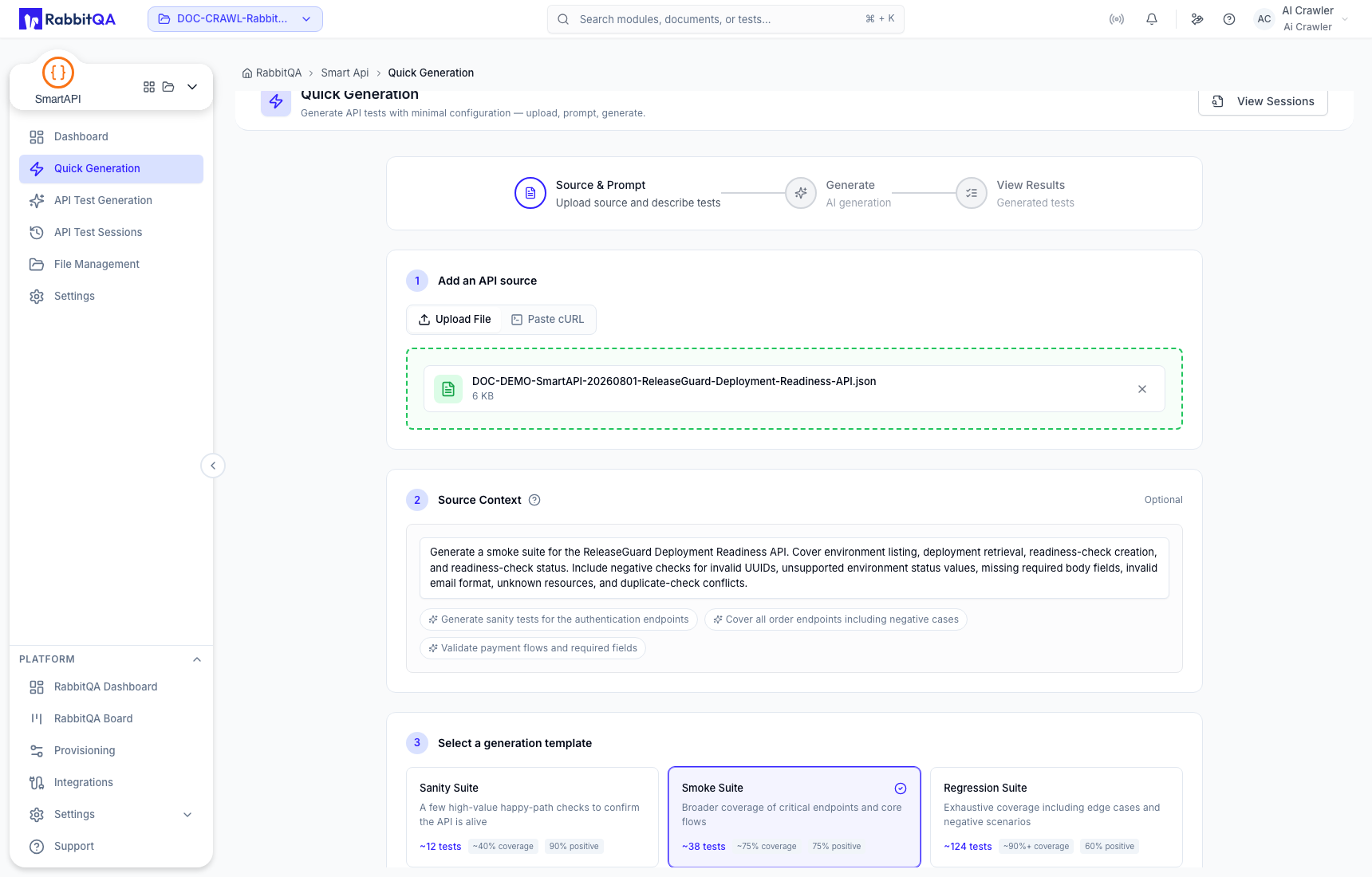 Prompt and Smoke Suite selected in Quick Generation
