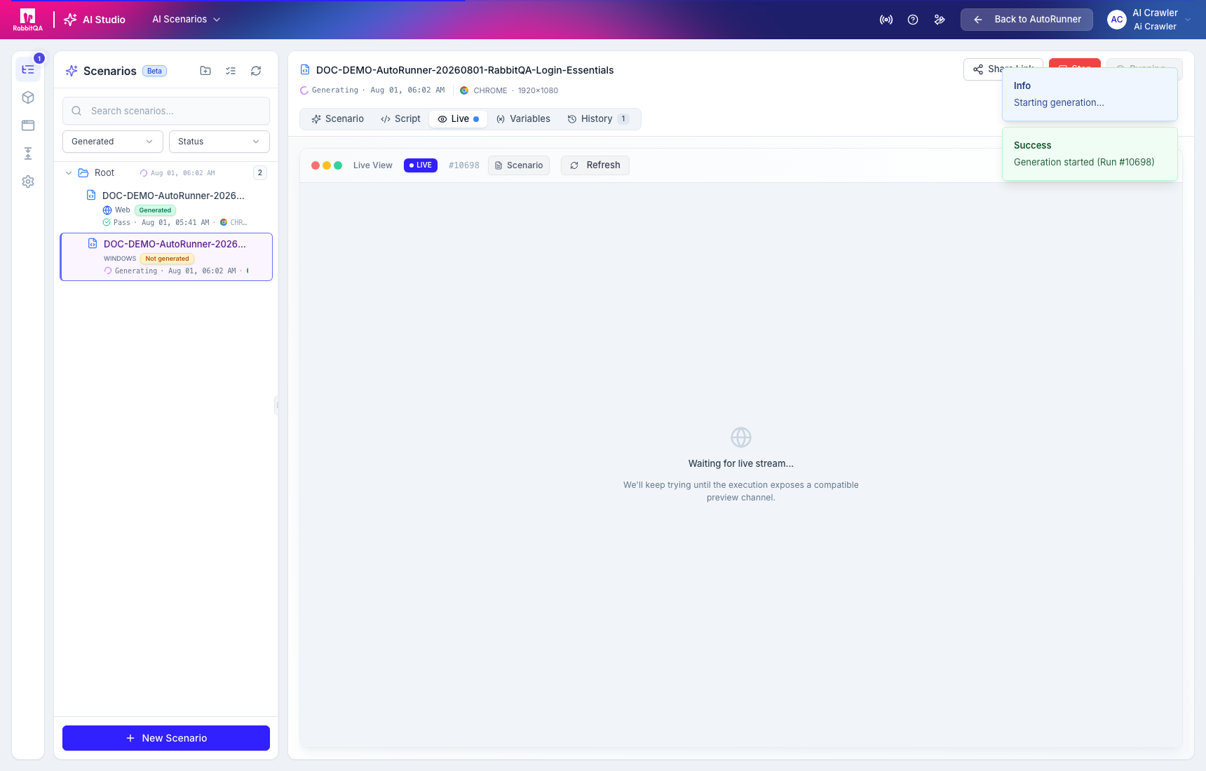 A Web generation run starting