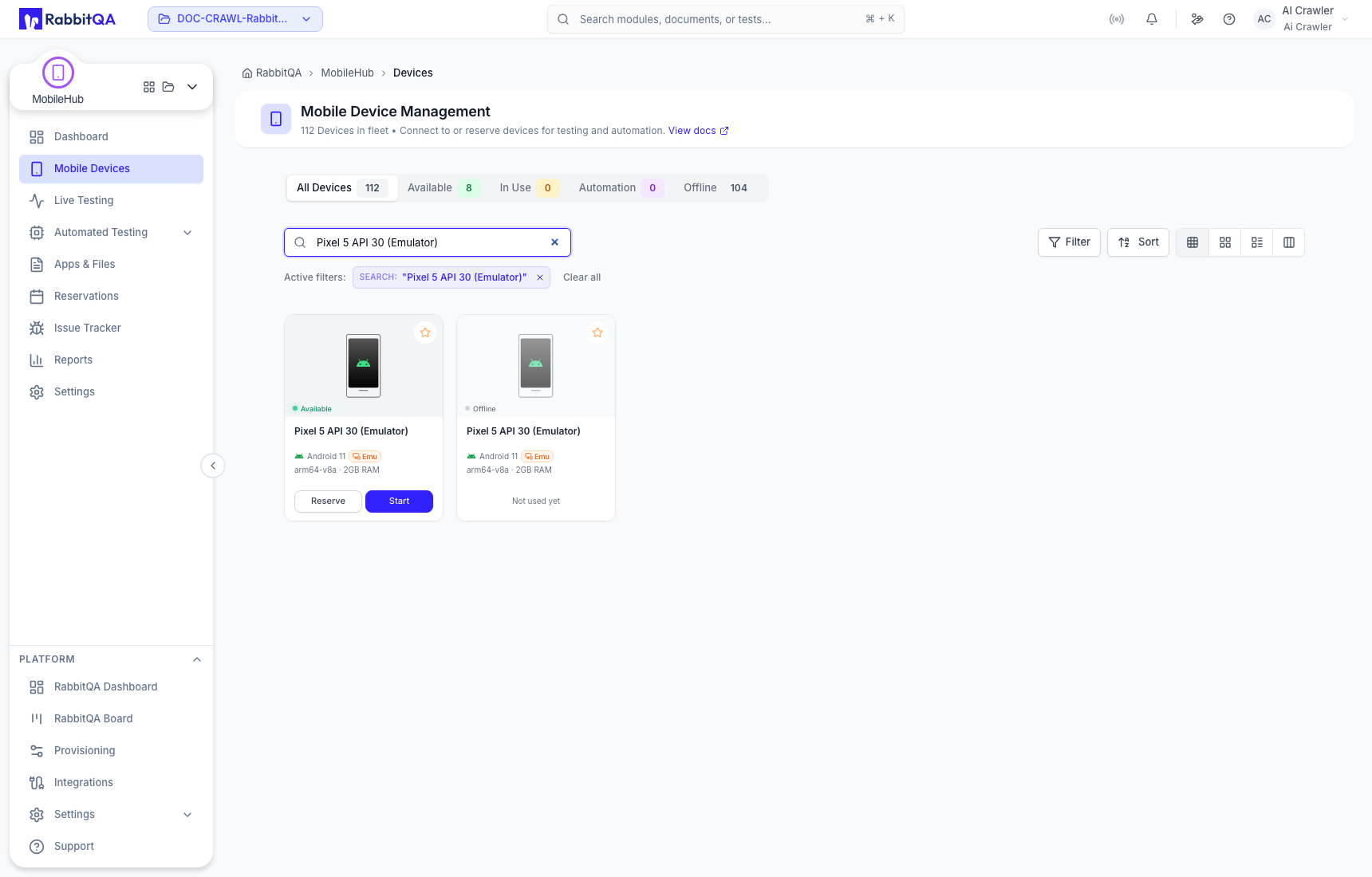 Available device selected for live testing