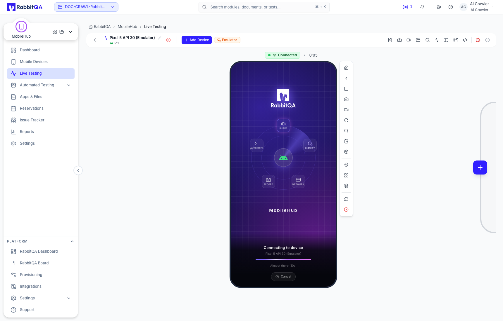 Connected live testing workspace
