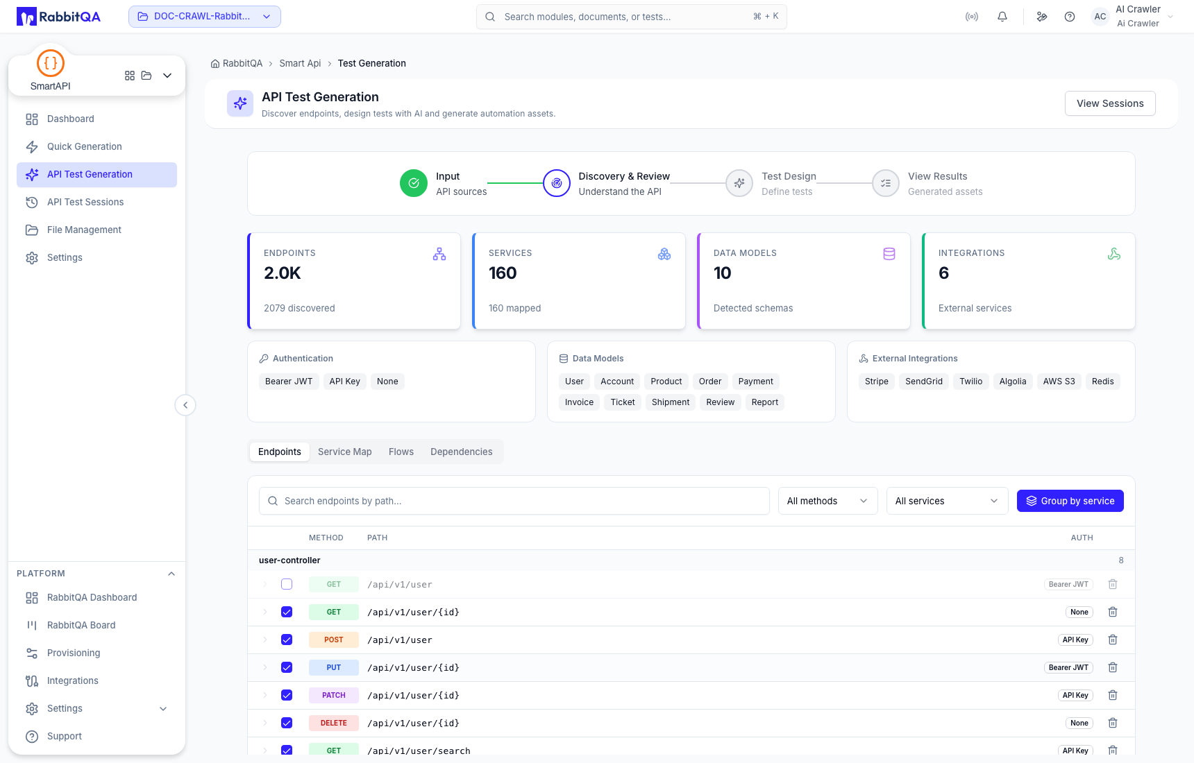 Reference endpoint inventory displayed in staged discovery