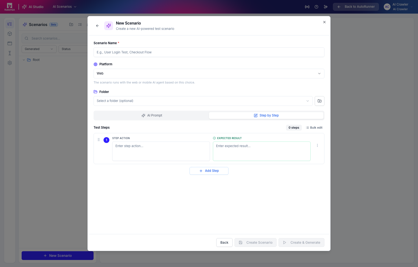 Step-by-step scenario form