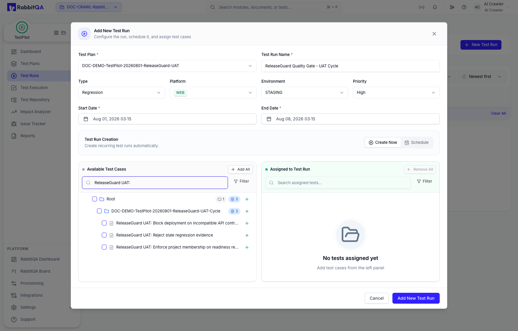Repository cases ready for Test Run assignment