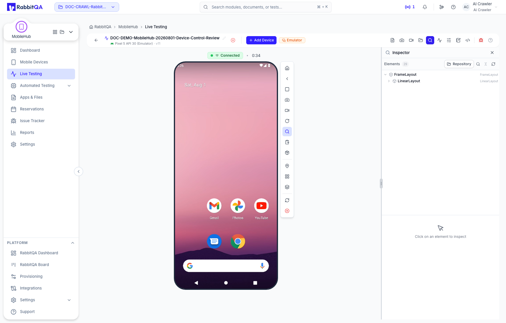 Enabled UI inspector and element hierarchy