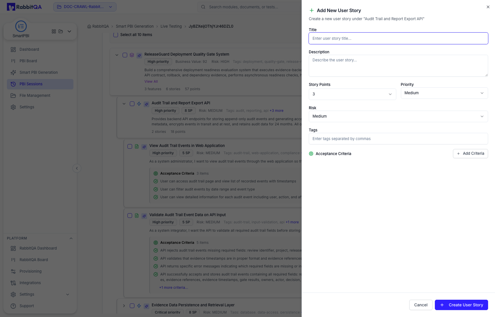 Add child User Story drawer