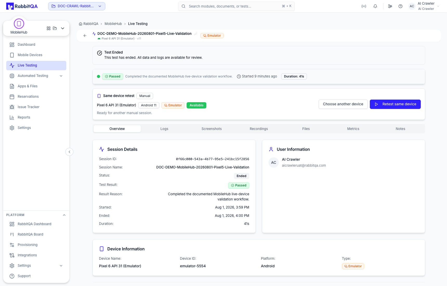 Completed session overview