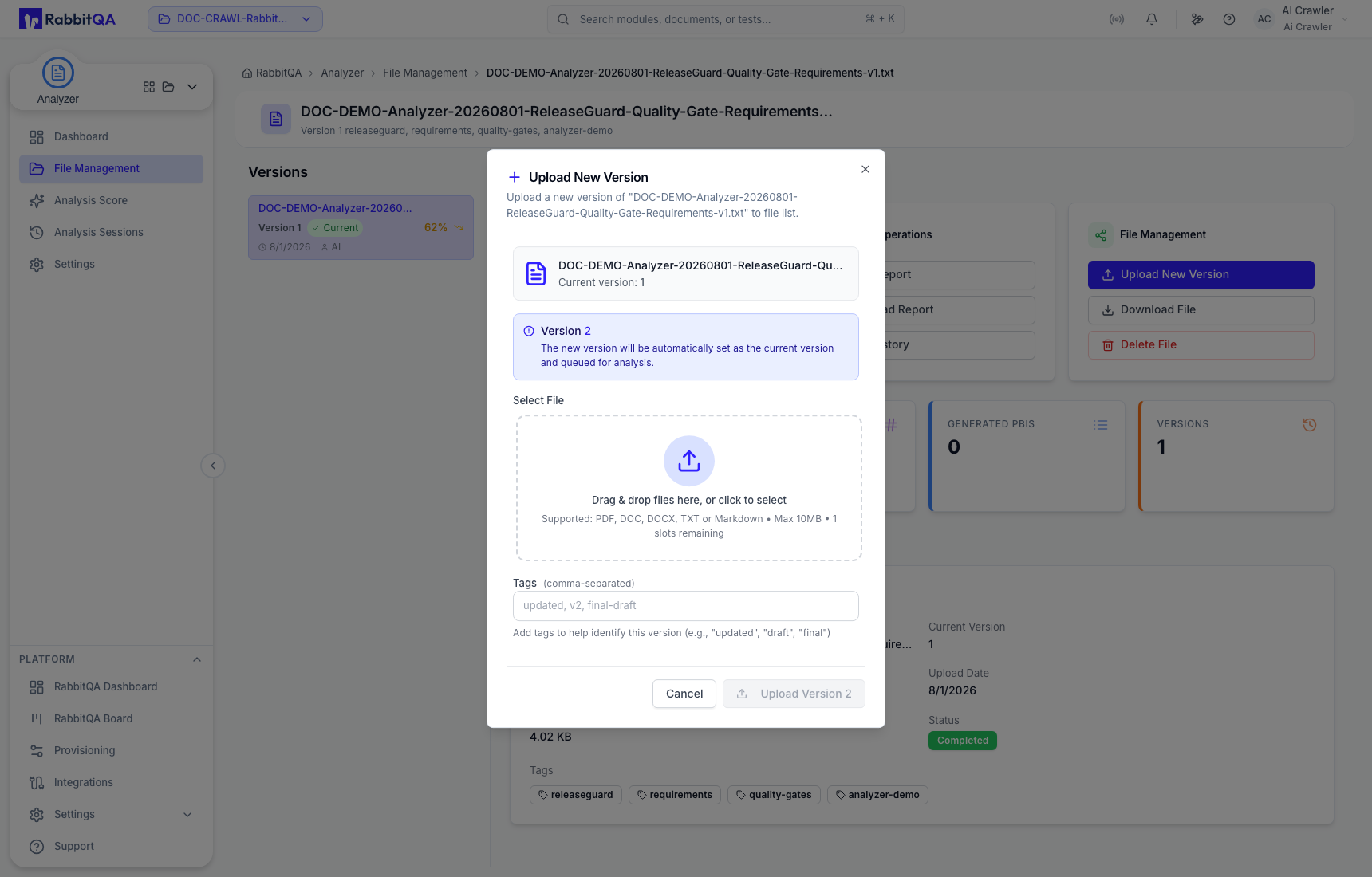 Upload New Version drawer