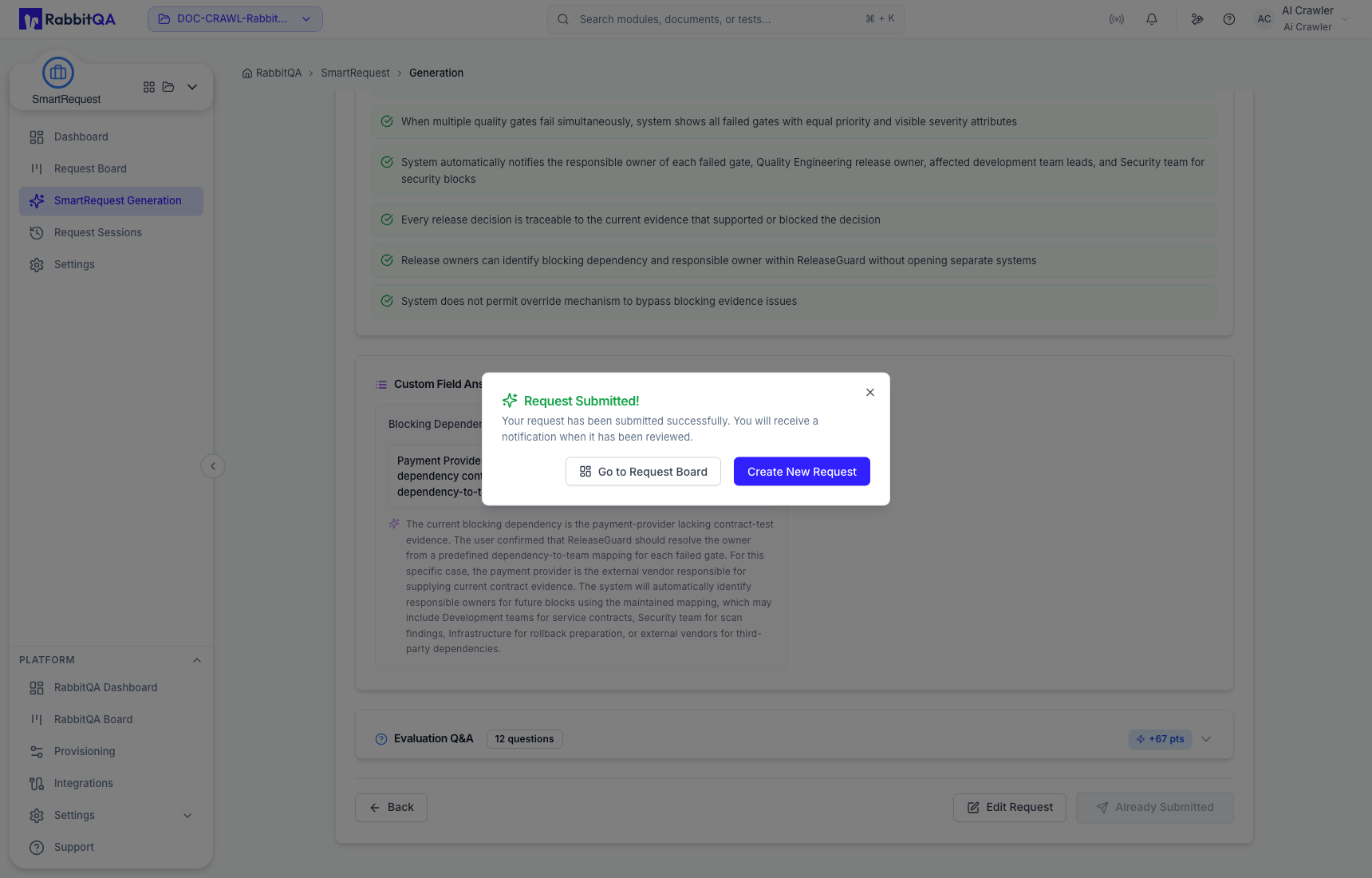 Request submitted successfully
