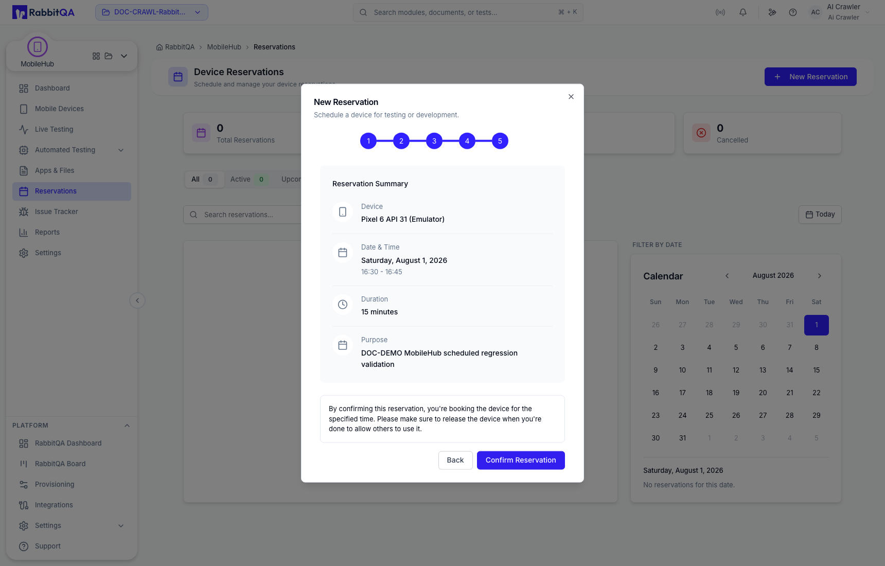 Reservation summary before confirmation