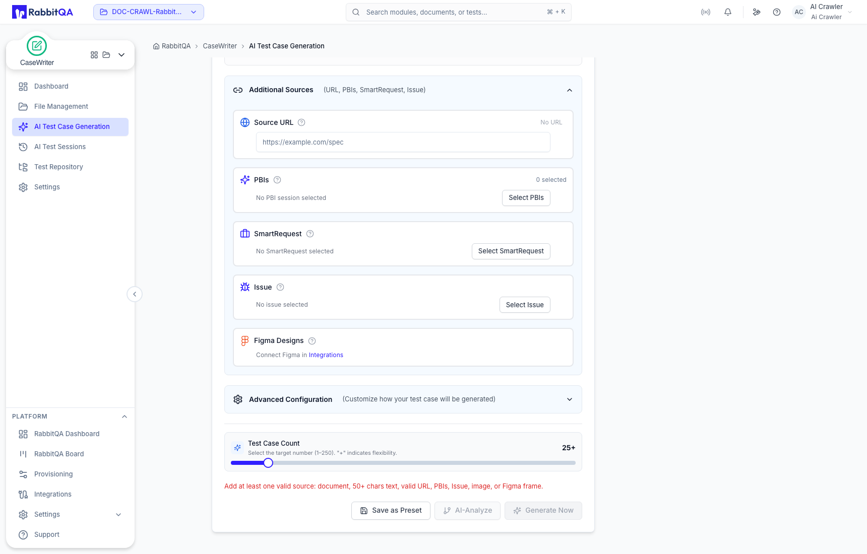 Additional URL and RabbitQA source controls