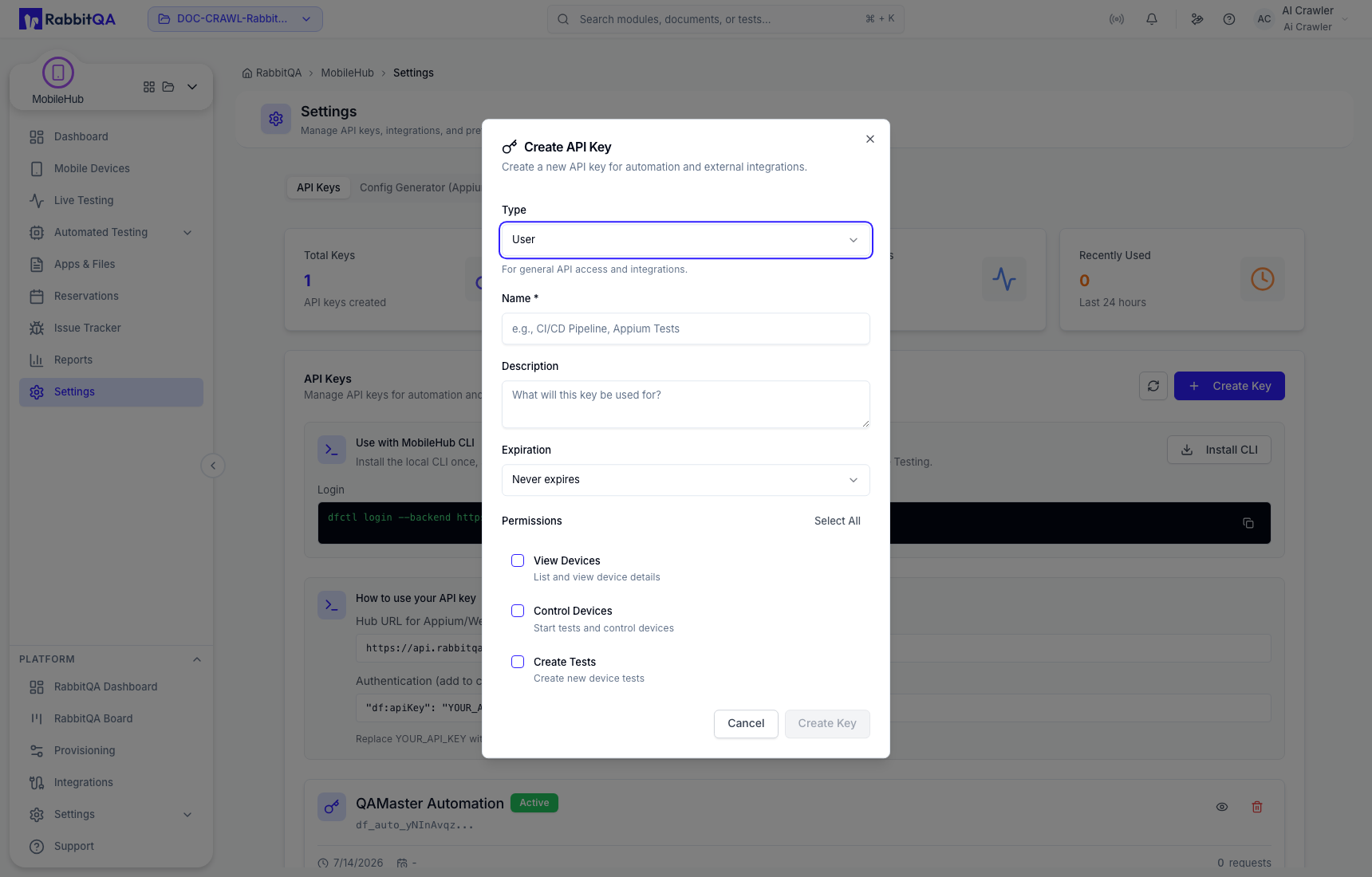 User API key identity and expiration