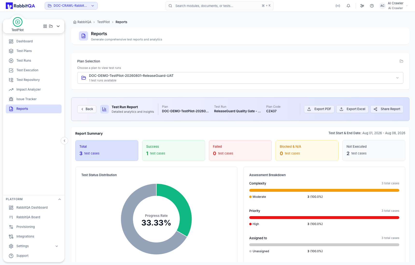 Test Run report summary and export actions