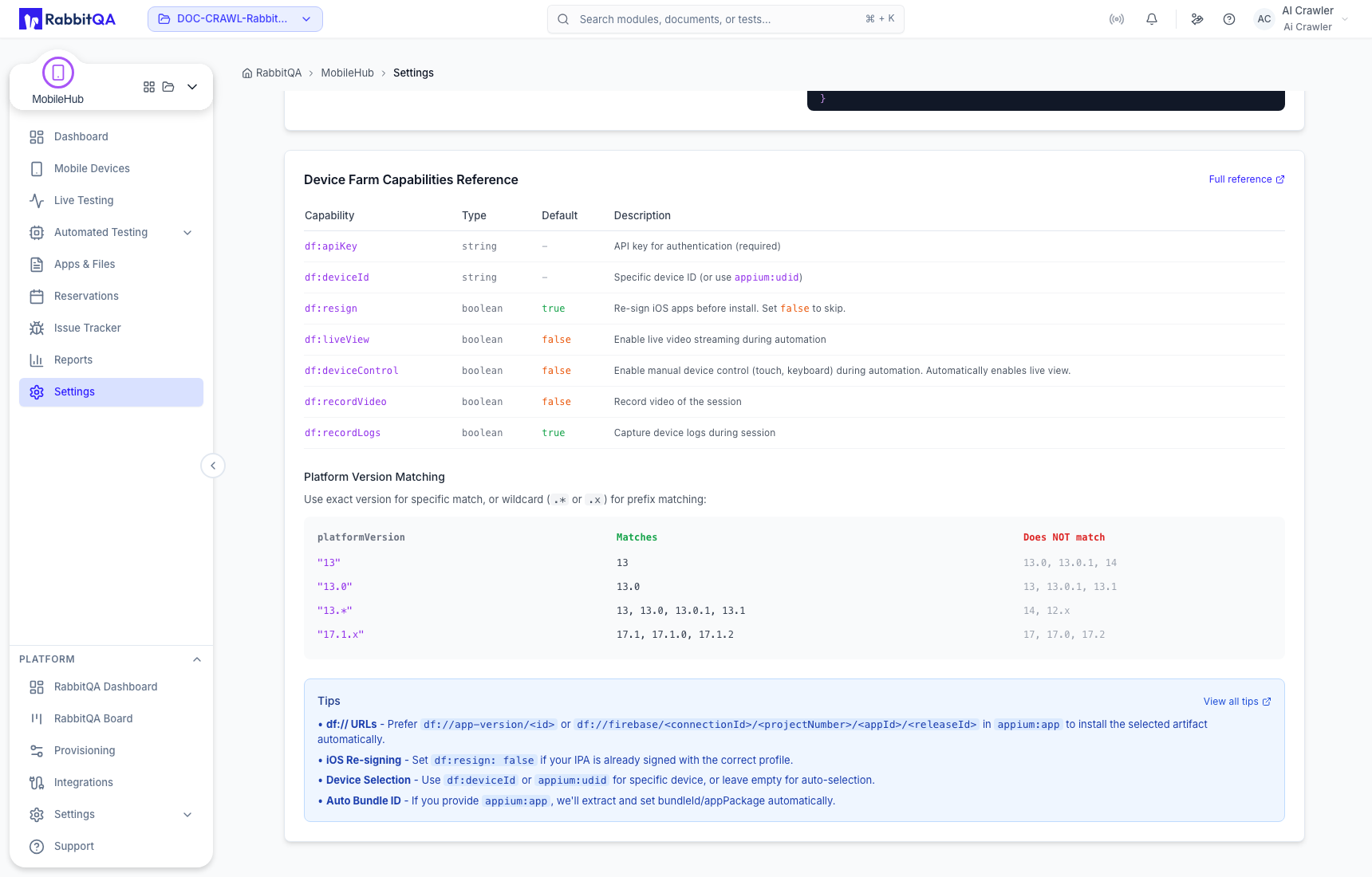 Device Farm capabilities and version matching