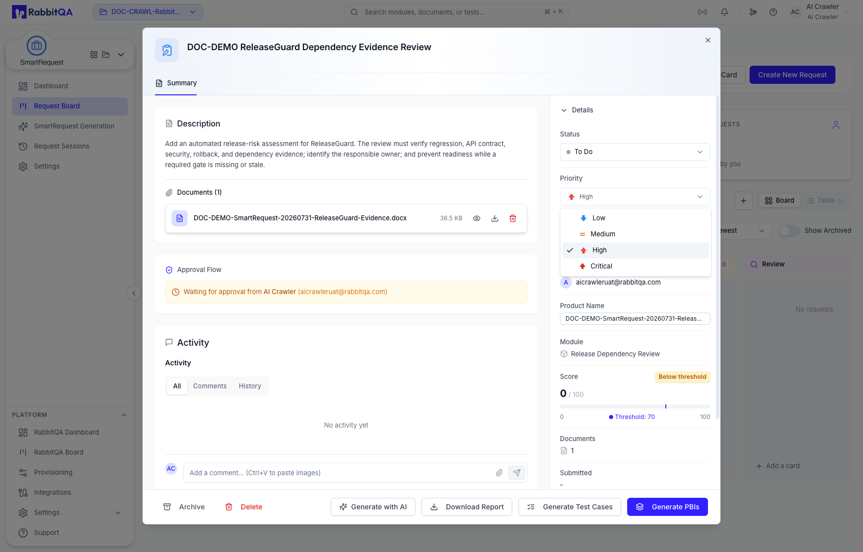 Changing a manual request's priority from its detail panel