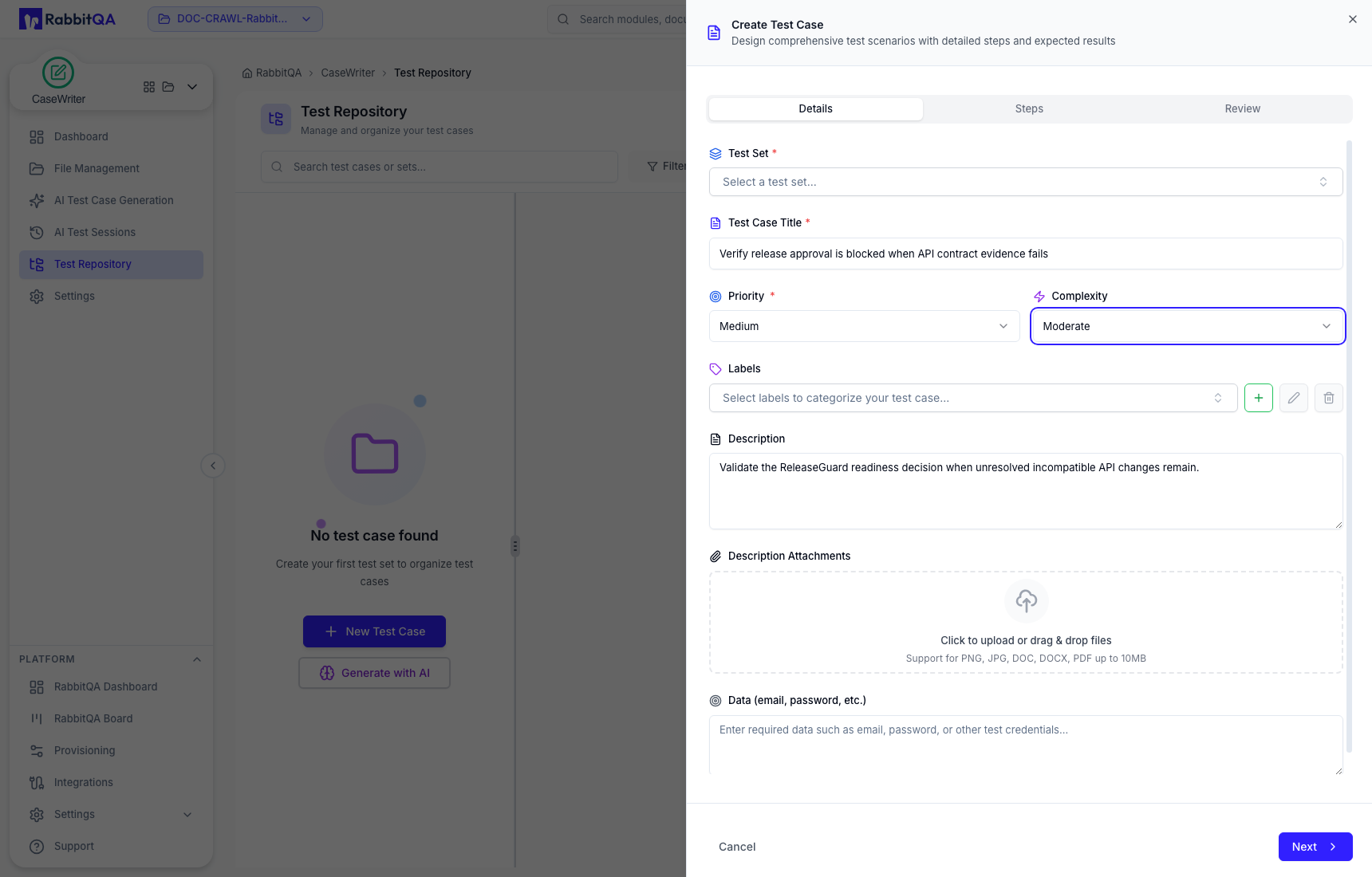Manual repository test-case details