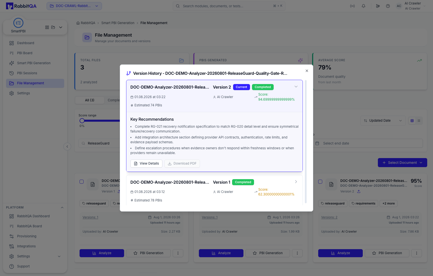 Analyzed-version actions